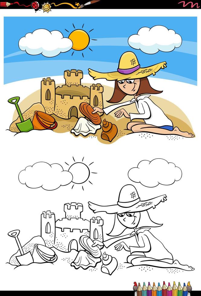 niña de dibujos animados y castillo de arena en la página para colorear de playa vector