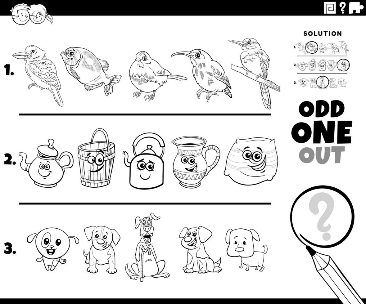 odd one out puzzle with cartoon characters coloring page vector