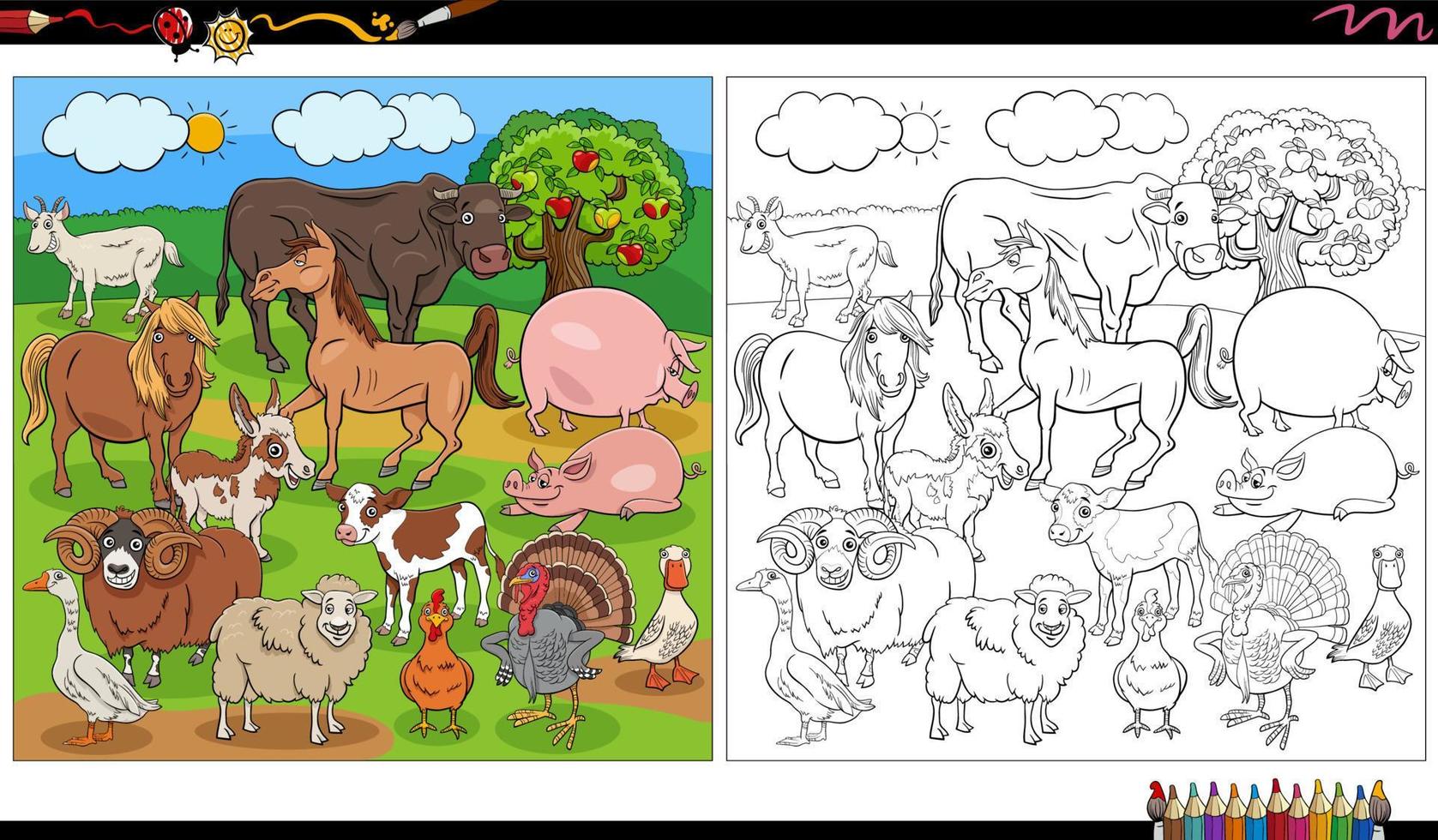 cartoon farm animal characters group coloring page vector