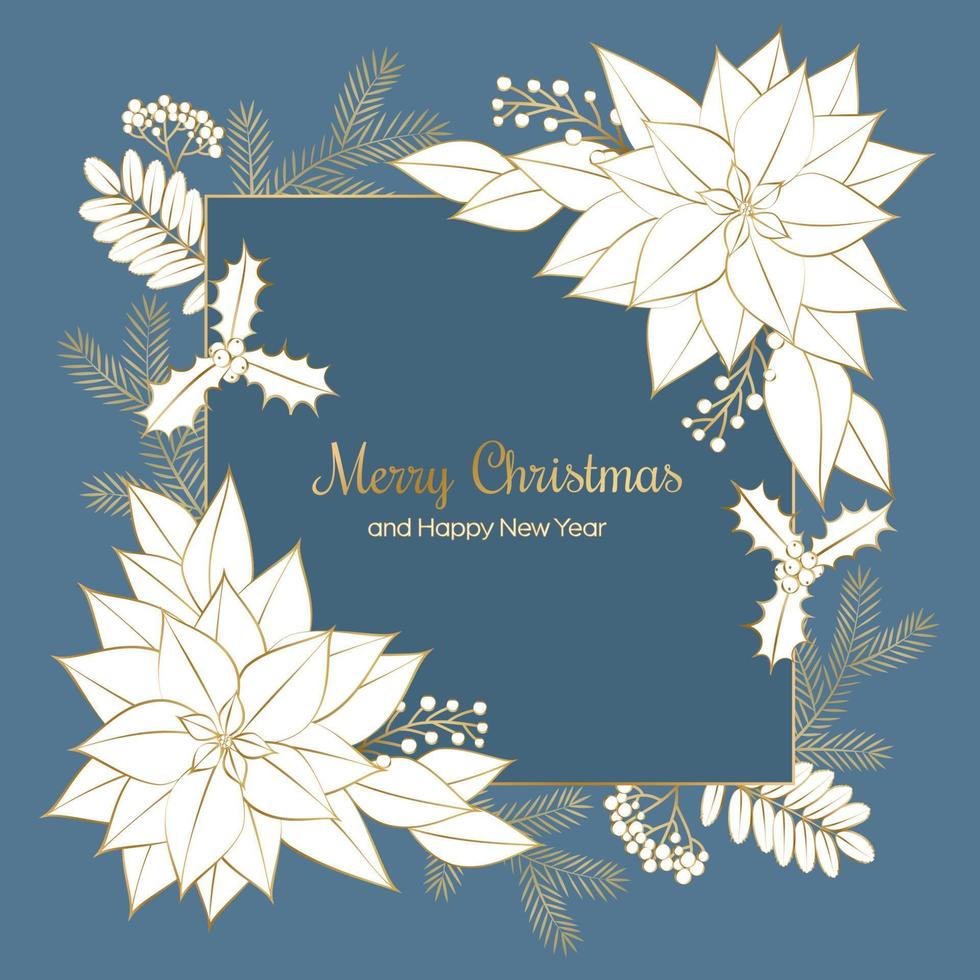 Floral Poinsettia flowers Merry Christmas, a card for the New Year. Illustration of the design of winter plants for congratulations, invitation 2022, flyer, brochure, cover in vector