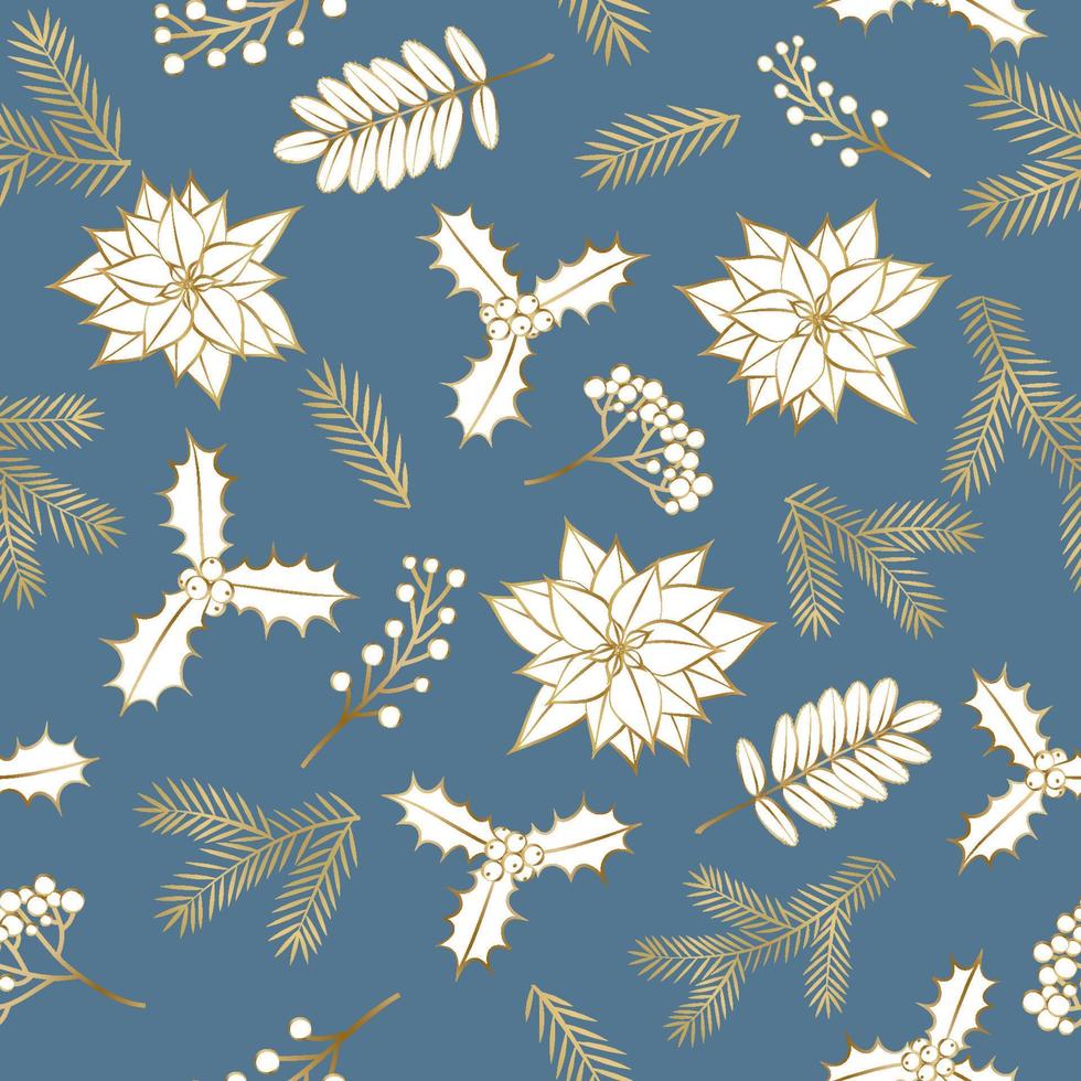 Floral Poinsettia flowers Merry Christmas, seamless pattern for the New Year. Illustration of the design of winter plants for congratulations, invitation 2022, flyer, brochure, cover in vector