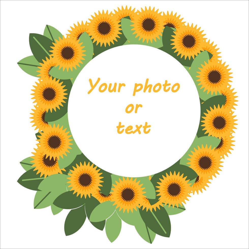Bright sunflower wreath frame vector illustration isolated on white background