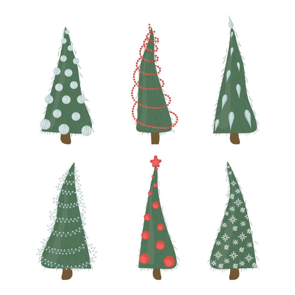 Cute green christmas tree vector illustration set