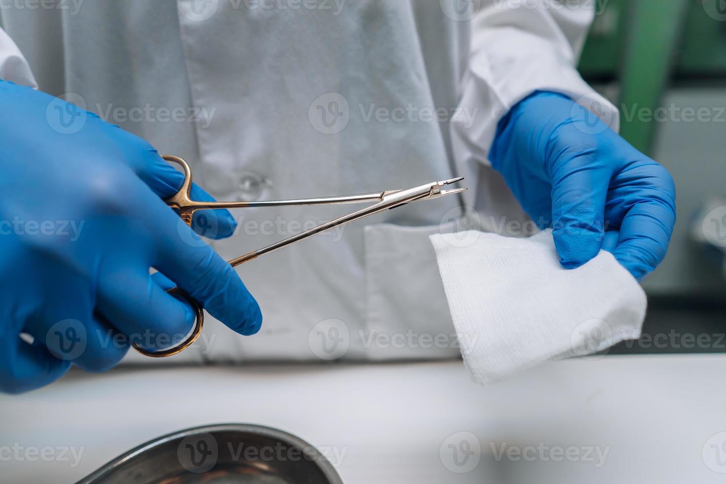 Women's hands in rubber gloves hold a clip and gauze photo