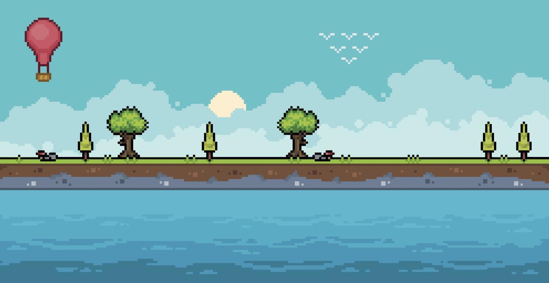 fondo de paisaje de la costa del mar de pixel art con árboles y escena de cielo nublado para un juego de 8 bits vector