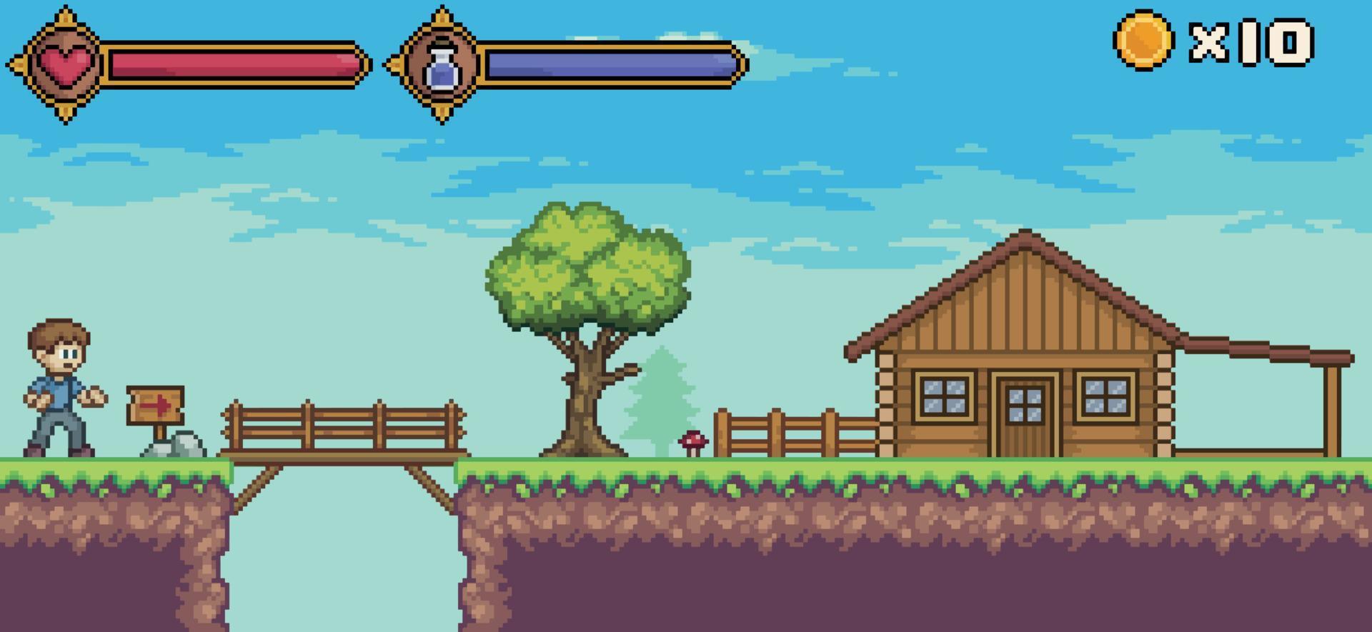 escena de juego de arte de píxeles con carácter, barra de vida y maná, casa, árbol, fondo de vector de puente de madera para juego de 8 bits