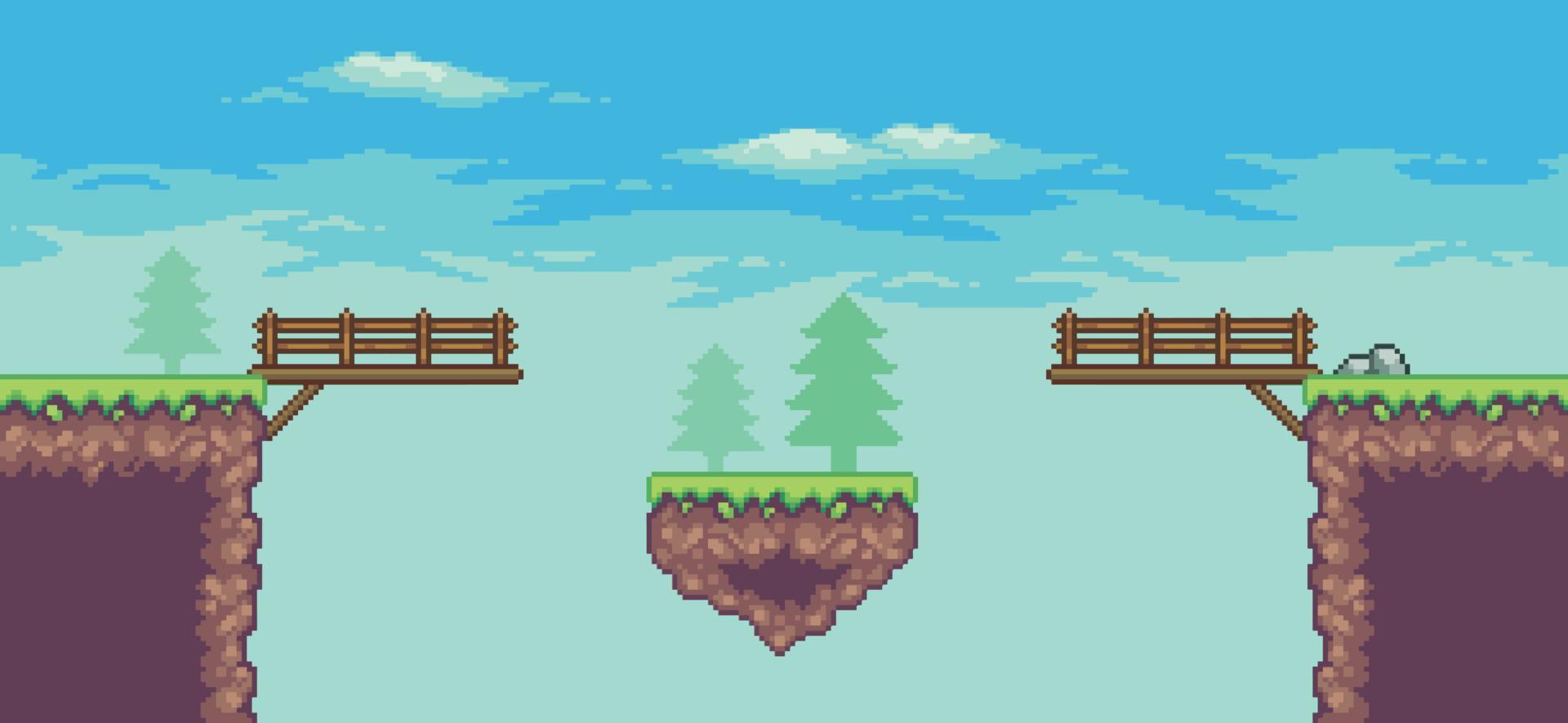 Pixel art arcade game scene with floating platform, bridge, trees, clouds 8bit background vector