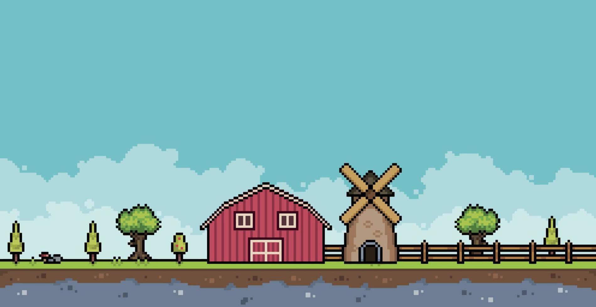 Pixel art farm landscape with barn, mill, fence, trees. 8 bit game background vector