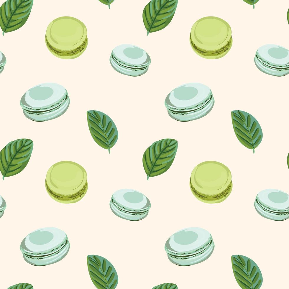 Colorful macarons with mint seamless pattern. Vector illustration in flat style.