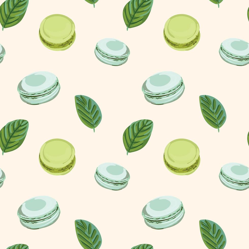 Colorful macarons with mint seamless pattern. Vector illustration in flat style.