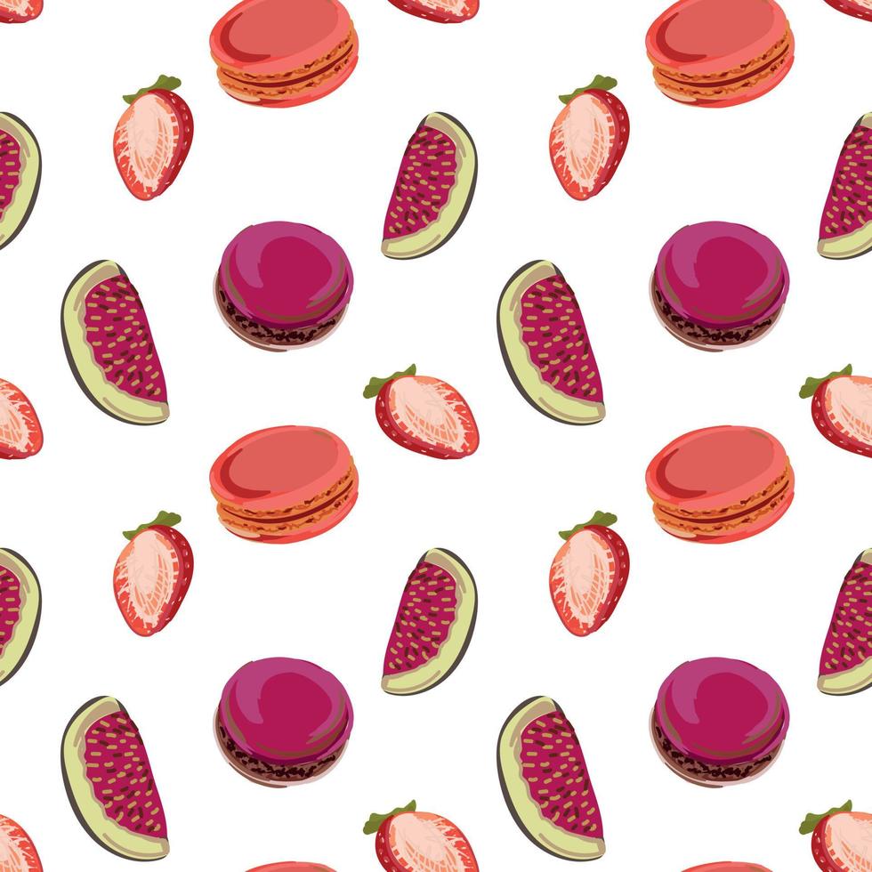 Colorful macarons with figs and strawberries seamless pattern. Vector illustration in flat style.