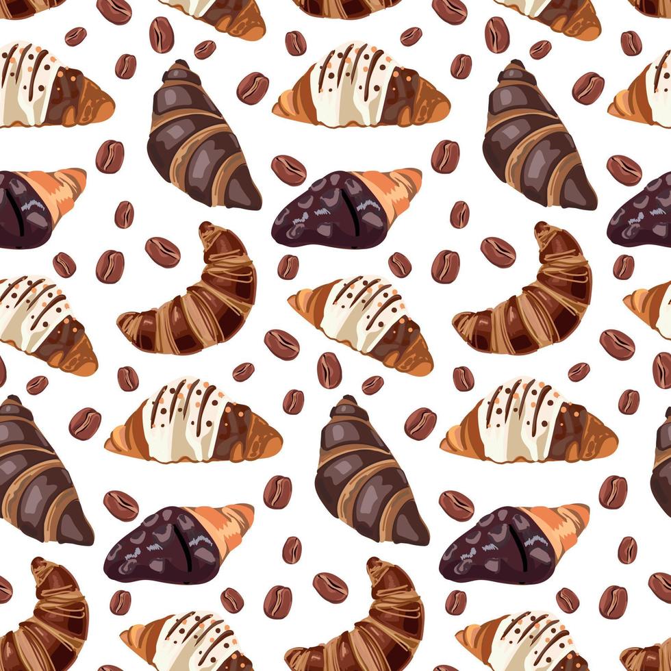 Croissants and coffee beans seamless pattern. vector