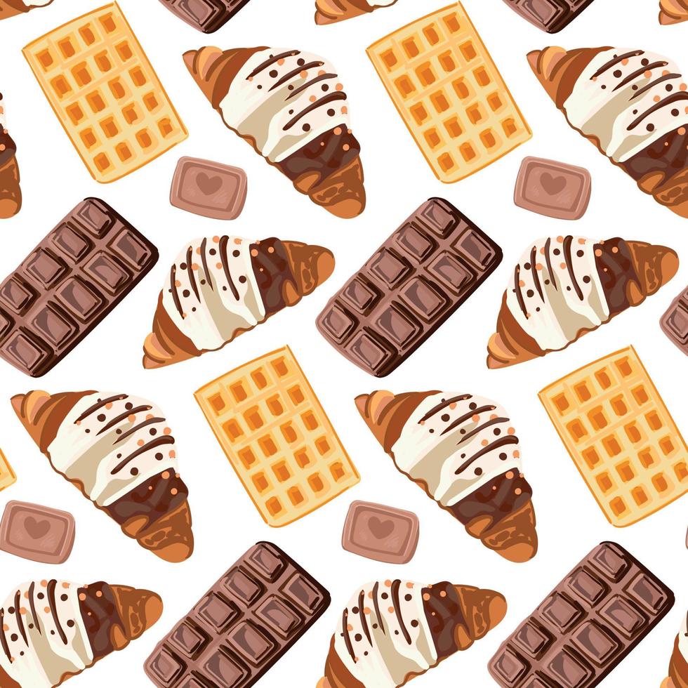 Croissants, waffles and chocolate. Seamless pattern for sweet-shop. vector
