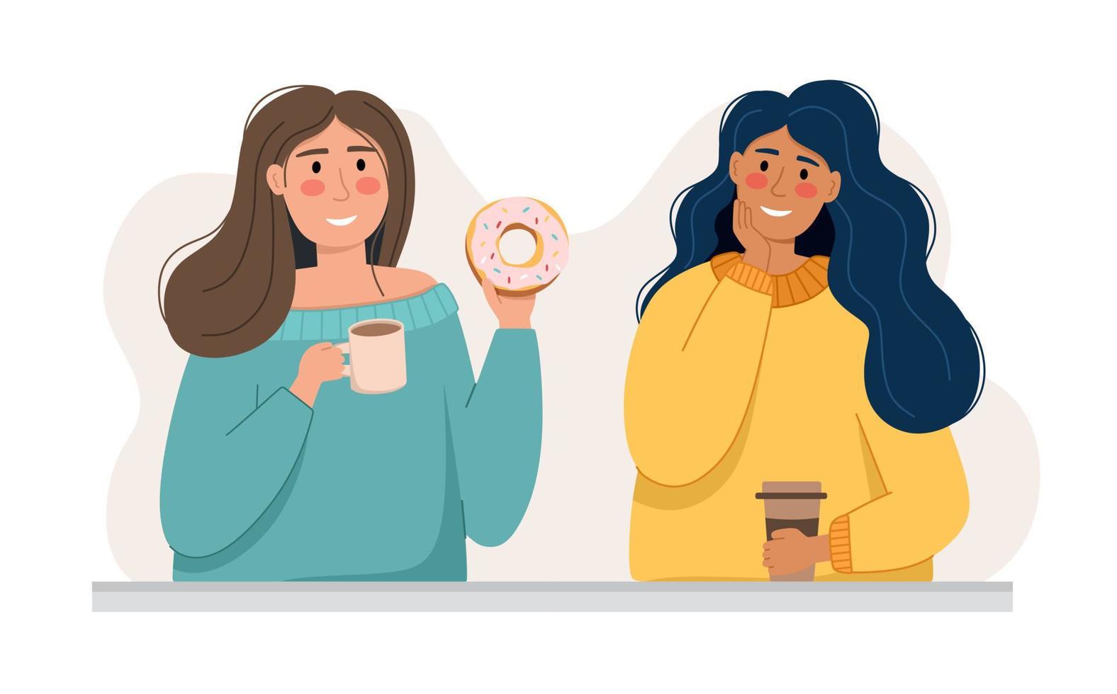 las chicas están hablando sobre una taza de café el concepto de cafetería y amantes del café. ilustración vectorial en un estilo plano vector