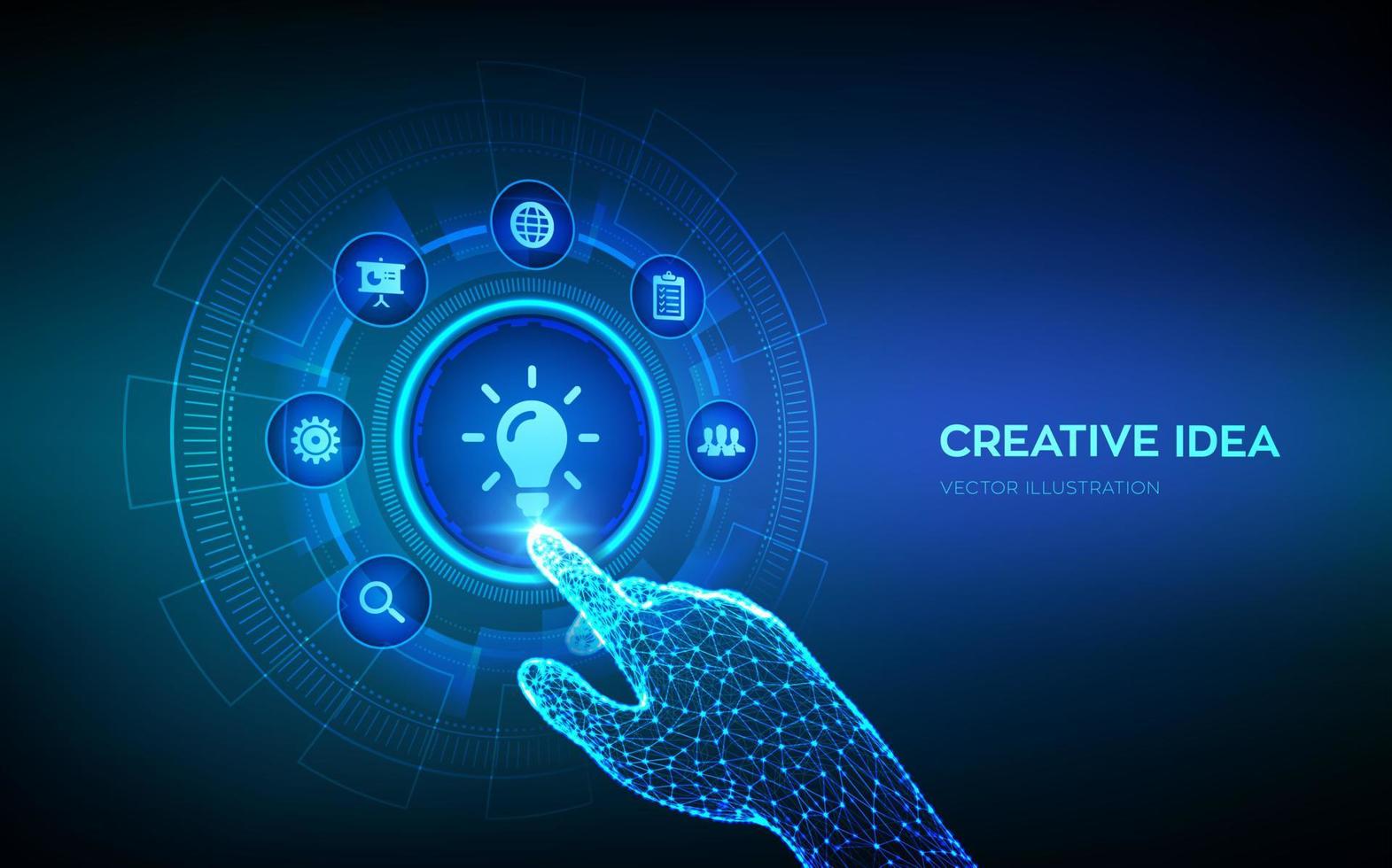 New idea. Creative Idea lamp icon. Creativity, innovation and inspiration modern technology and business concept on virtual screen. Robotic hand touching digital interface. Vector illustration.