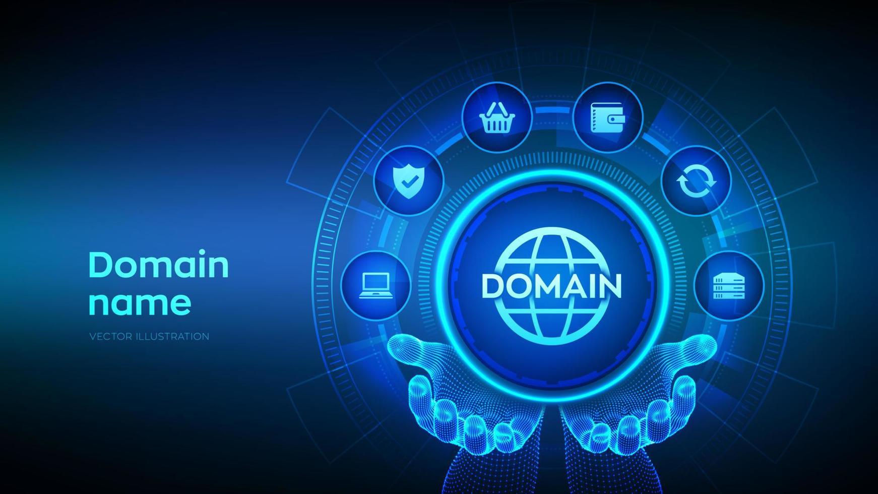 nombres de dominio. Registro de Dominio. nombre del sitio web, dirección URL de la página web. alojamiento en la creación de sitios web. concepto de tecnología de telecomunicaciones web e internet en manos de estructura alámbrica. ilustración vectorial vector