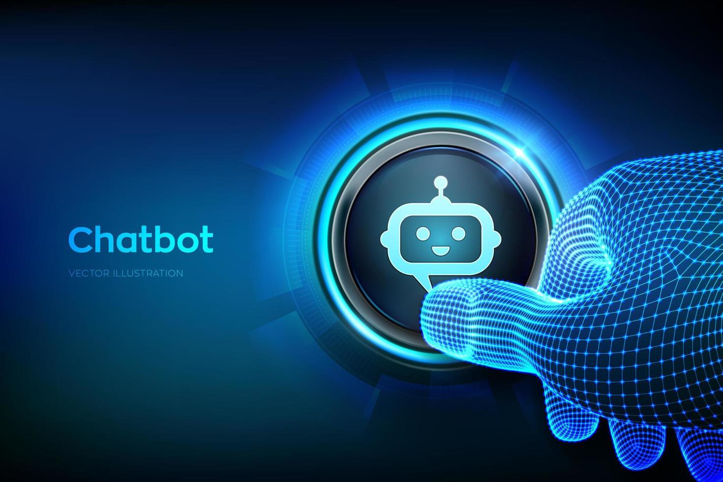 Chatbot assistant application. AI concept. Closeup finger about to press a button with robot chatbot head icon. Just push the button. Vector illustration.