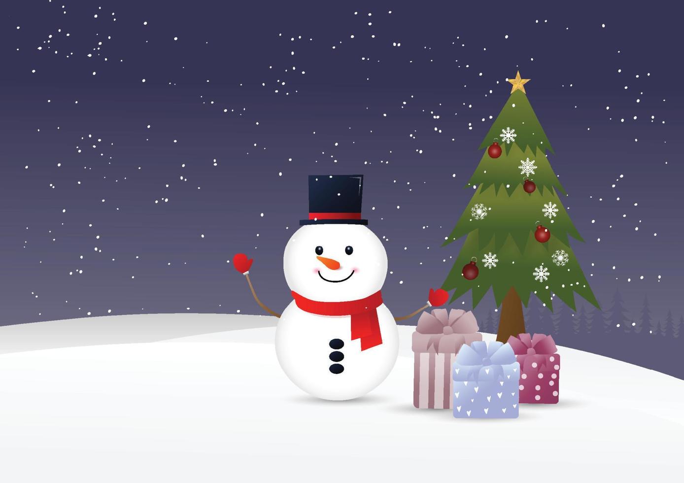 muñeco de nieve y regalos de navidad en el fondo de invierno vector