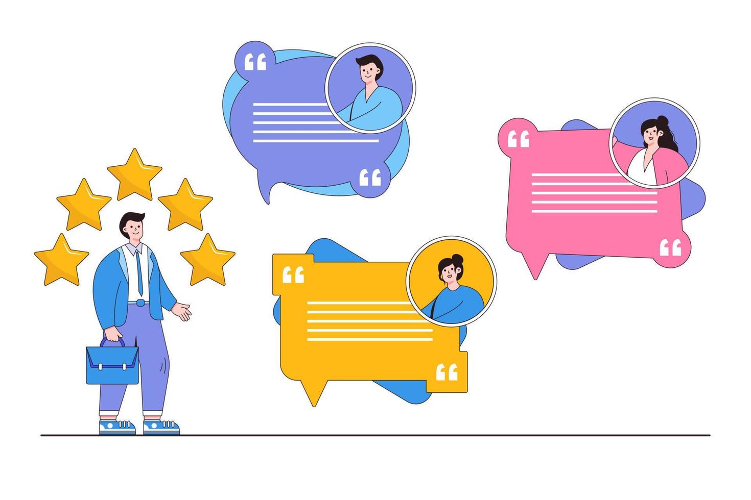 Customer feedback or review, client praise or opinion, message or positive comment, quality service with good rating concepts. Businessman with five stars looking at user testimonial speech bubble vector