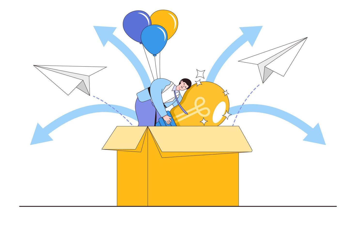 pensar fuera de la caja, mejora de la creatividad, desarrollo de ideas, búsqueda de soluciones innovadoras, conceptos de liderazgo de mente abierta. hombre de negocios volando fuera de la caja usando un globo y llevando una bombilla vector