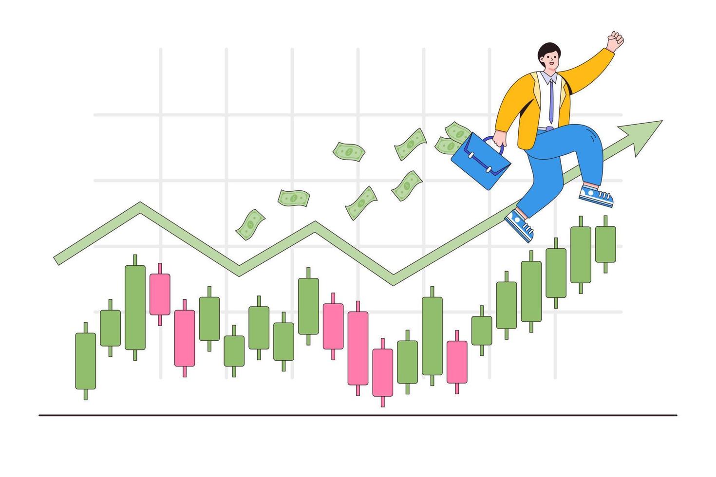 Success online trader, stock market price growth, earn profit from crypto currency investment concepts. Joyful businessman holding money briefcase jump on top candlestick graph with arrow upward vector