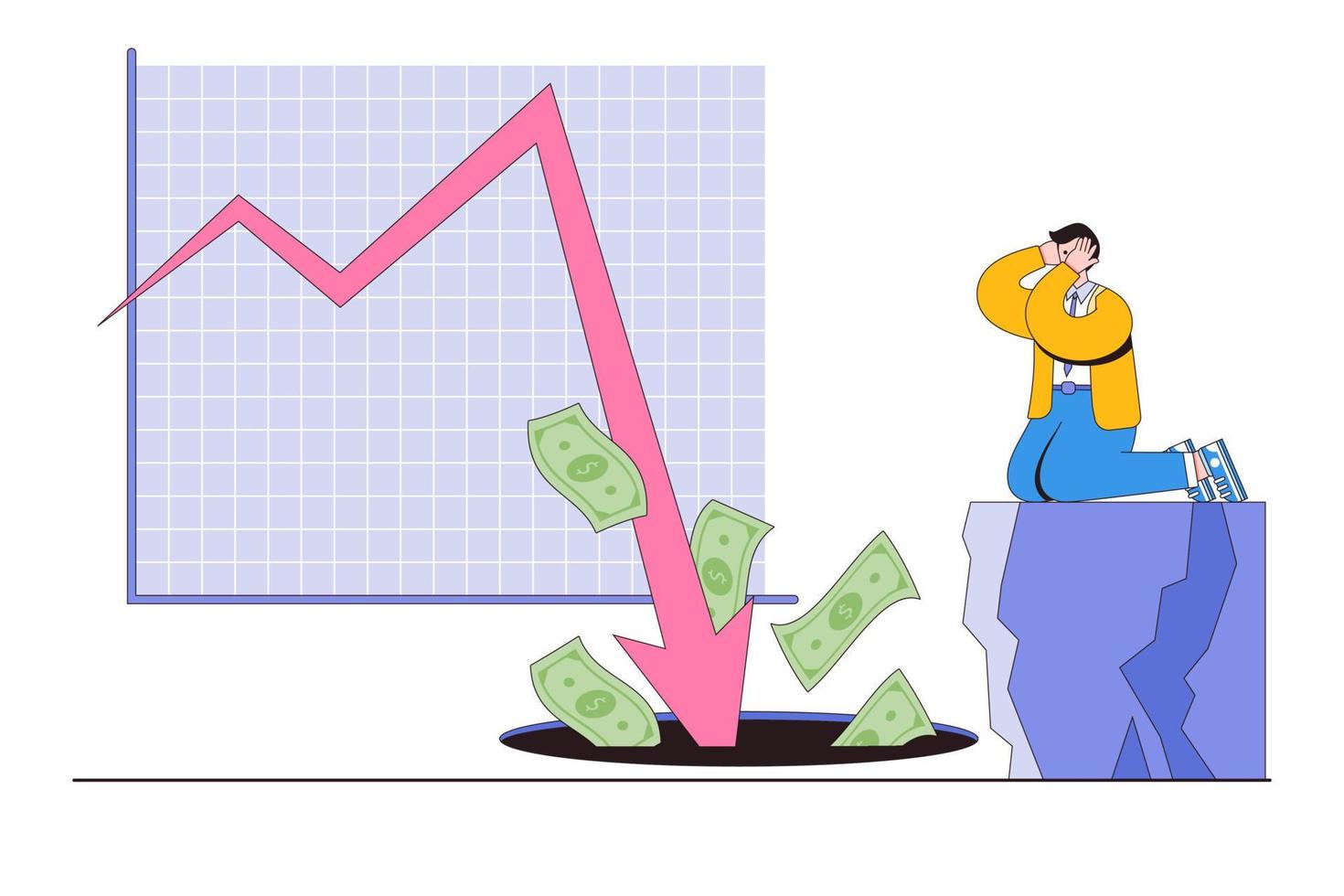 Lose profit investment in financial crisis, business failure, economic collapse, bankruptcy, deflation, inflation concepts. Panic businessman looking at money falling into hole with down arrow chart vector