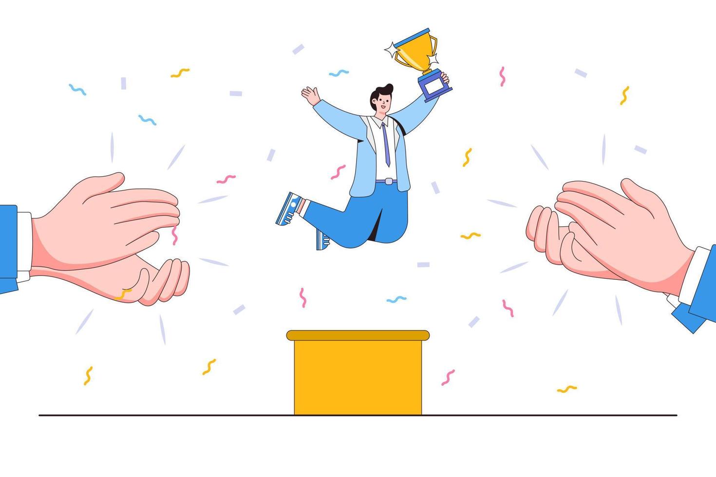 Celebrate work achievement, reaching goal or target, winning challenge or competition, success or victory concepts. Joyful businessman jumping holding award trophy with businesspeople hands clapping vector
