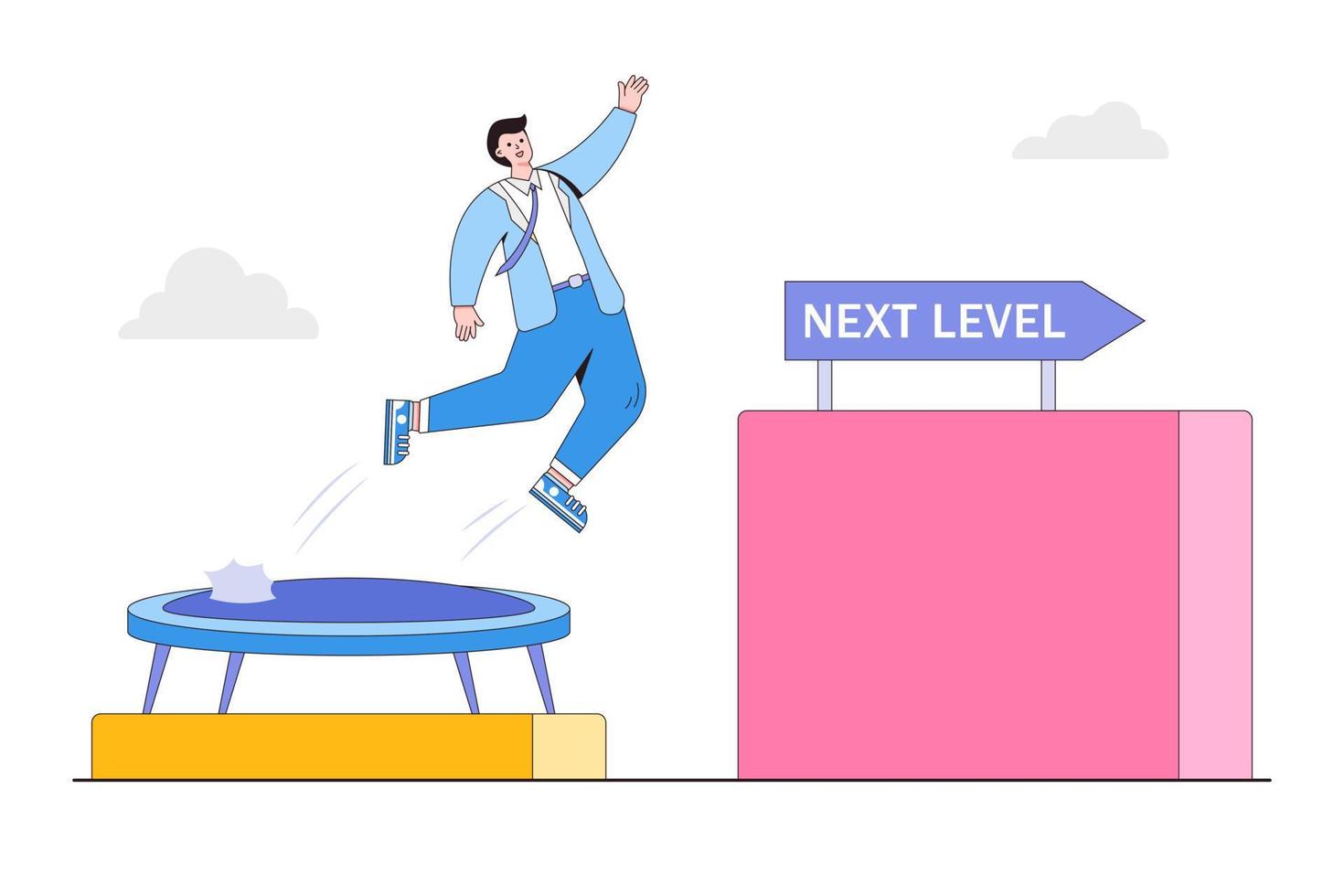 Progress to next level, difficult career development, achievement business goal, improvement to reaching better quality concepts. Ambitious businessman jumping up on trampoline to higher bar chart vector