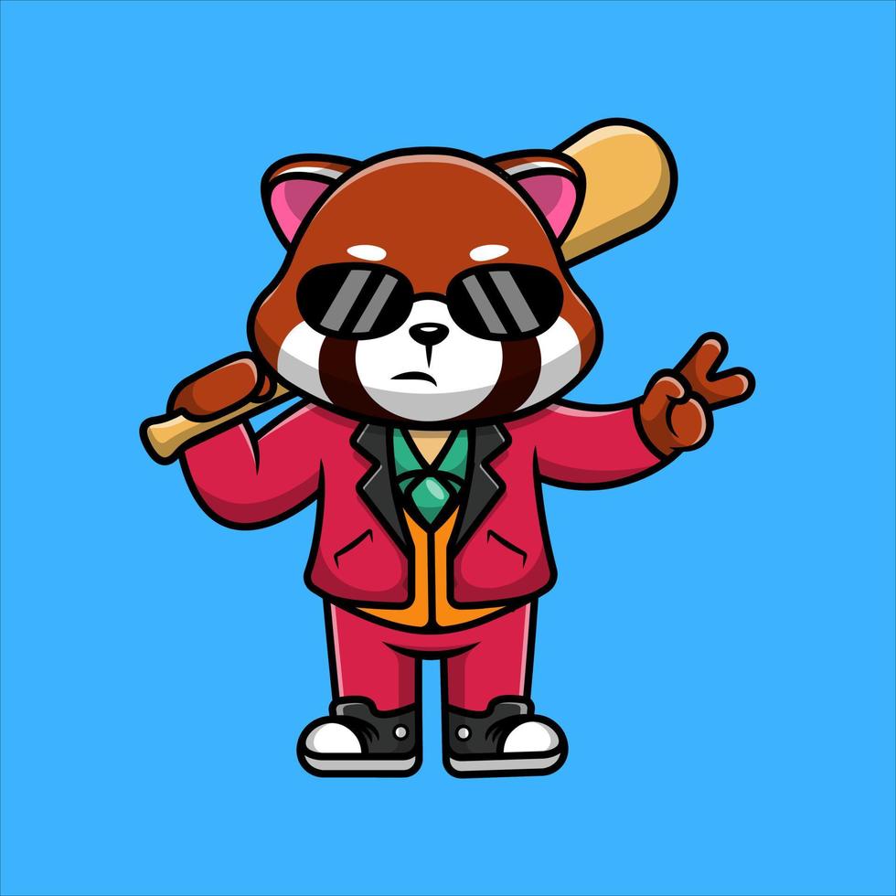 lindo panda rojo sosteniendo un bate de béisbol con la ilustración del icono del vector de dibujos animados de la mano de la paz. concepto de dibujos animados plana