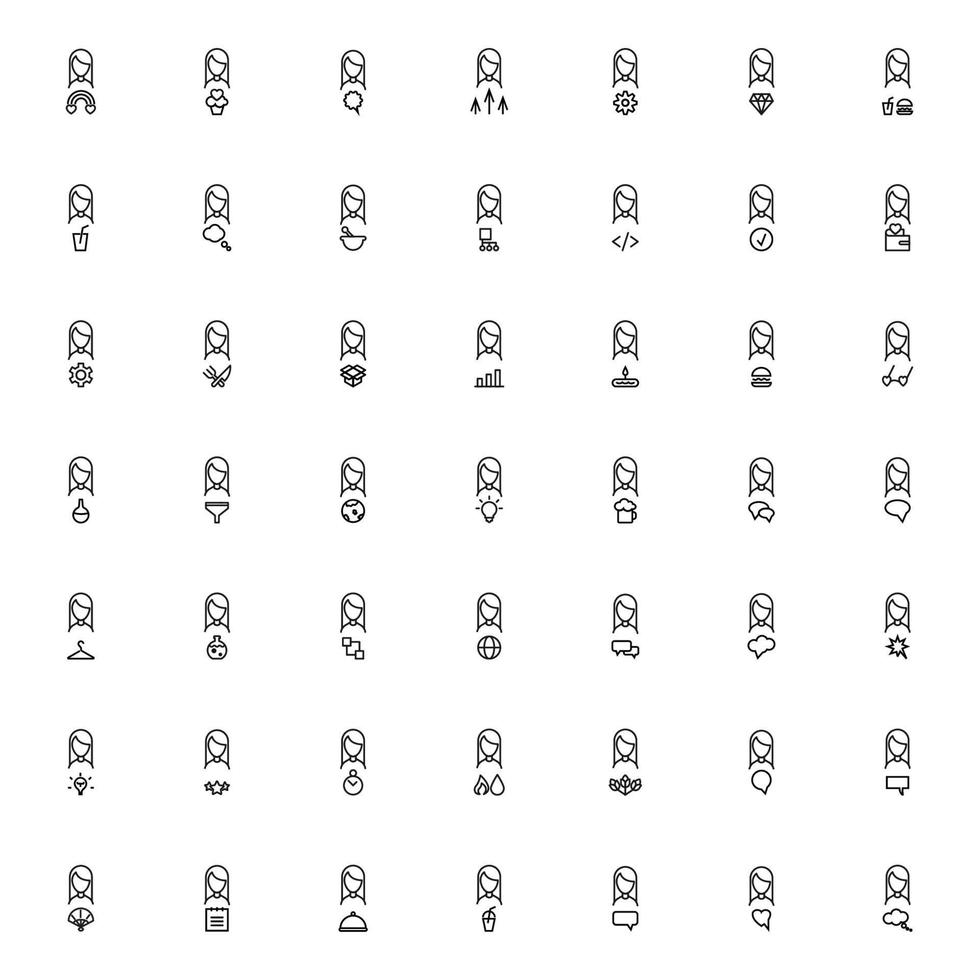 Outline symbols drawn with black thin line. Editable stroke. Line icon collection with vector signs of faceless woman next to various items