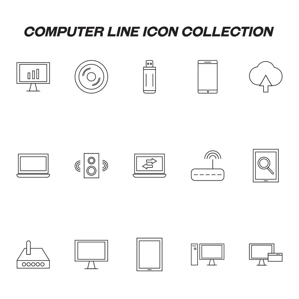 Computer and technology concept. Vector icons drawed with thin lines. High quality editable strokes. Line icon set. Icons of progress bar, cd disk, compact, flash card, wi fi, router, speaker