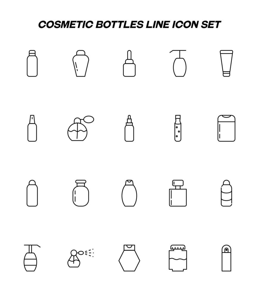 Cosmetic and beauty concept. Outline sign perfect for advertisement, web sites, internet stores etc. Line icon set with symbols of various bottles and tubes for procedures vector