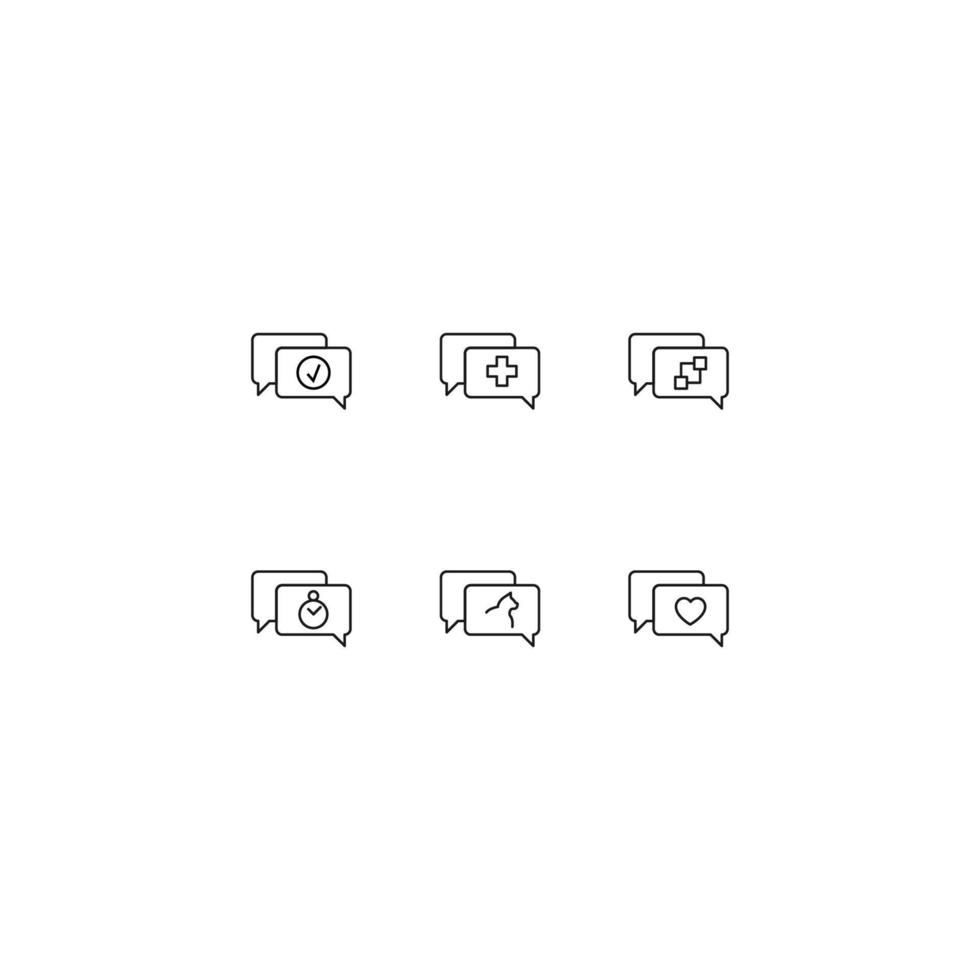 Line icon collection of vector signs and monochrome symbols drawn with black thin line. Suitable for shop, sites, apps. Checkmark, cross, cubes, timer, cat in speech bubble