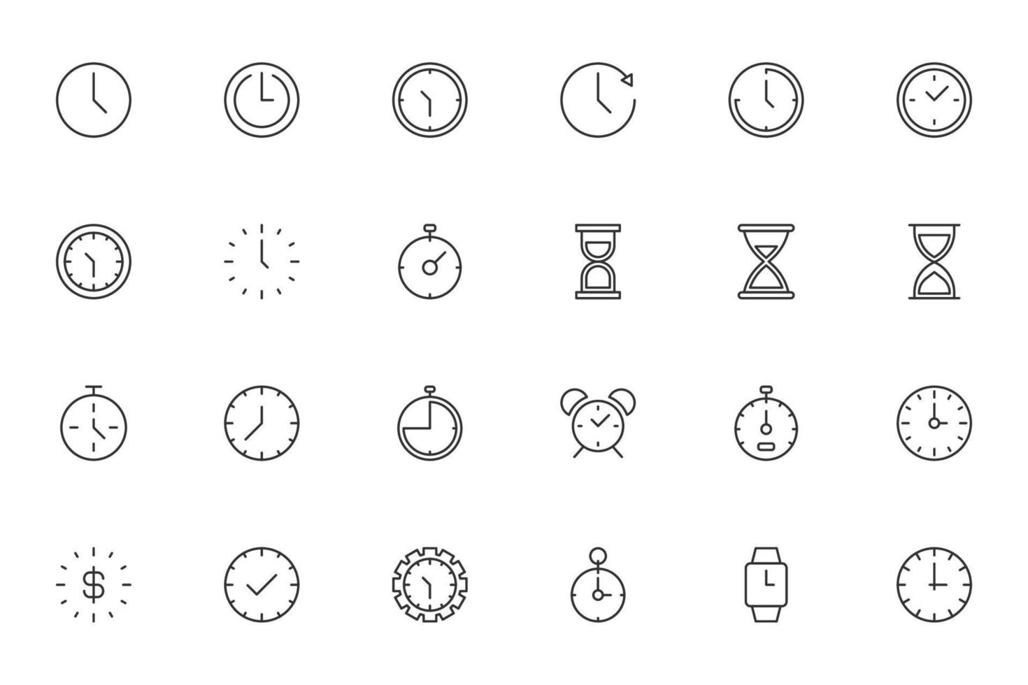 Time and clock. Minimalistic illustrations drawn with black thin line. Editable strokes. Line icon set with various vector icons of clocks and watches