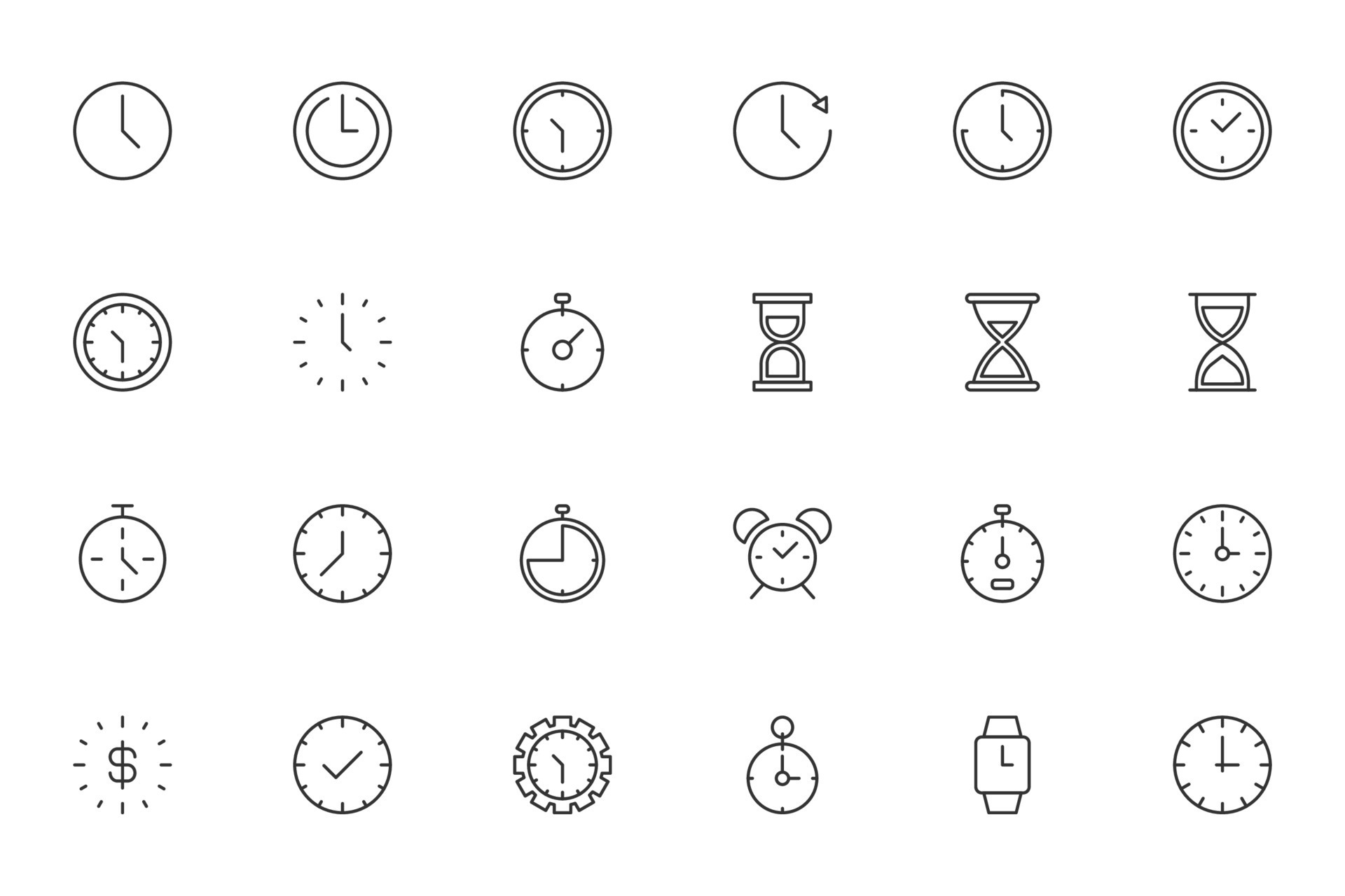 Time and clock. Minimalistic illustrations drawn with black thin line