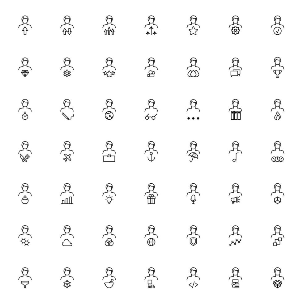 Line icon collection of funnel, arrows, anchor, gear, check, globe, speech bubble, star, flame and other items by faceless man. Suitable for advertisement, stores, internet resources vector