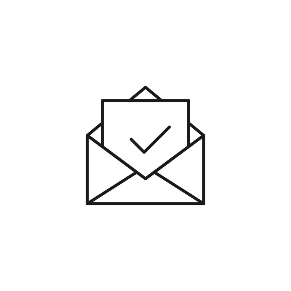 signo monocromático de correo y carta. símbolo de contorno dibujado con línea fina negra. adecuado para sitios web, aplicaciones, tiendas, tiendas, etc. icono vectorial de marca de verificación en carta en sobre vector