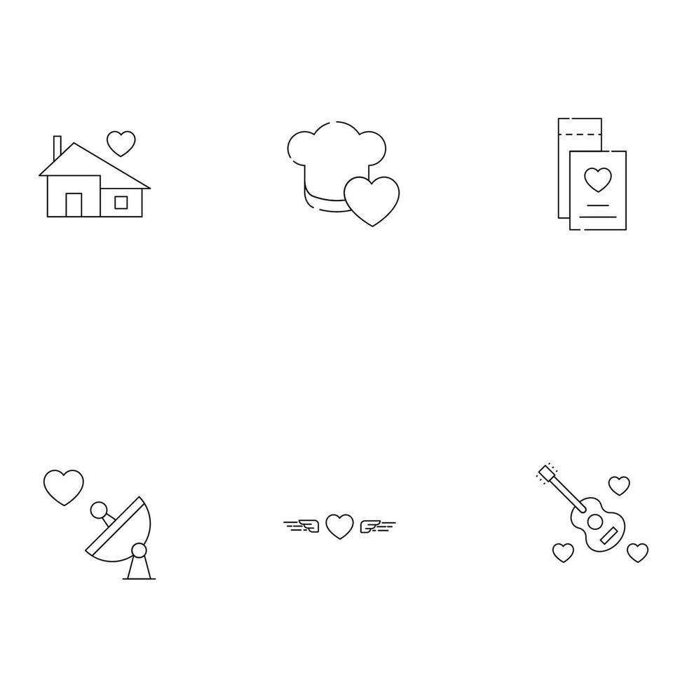 Romance, dating and love concept. Outline symbols of various things next to heart. Line icons of heart near house, chefs hat, ticket, radar, guitar vector