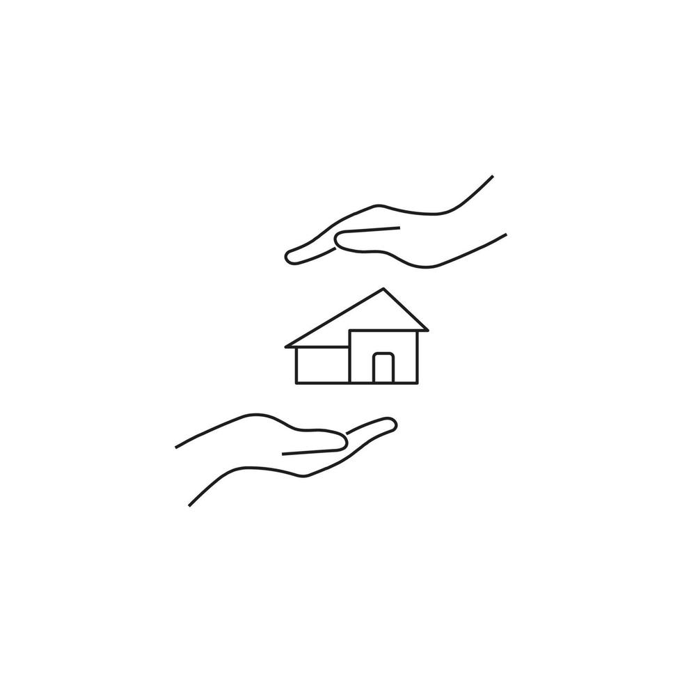 Present, charity, giving concept. Outline monochrome symbols drawn in flat style. Suitable for articles, advertisements, books etc. Line icon of house between outstretched hands vector