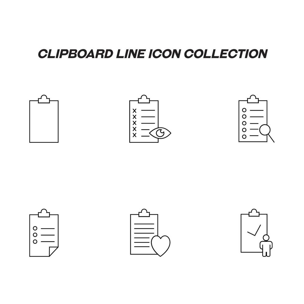 Writing board line icon set. Collection of editable strokes for web sites, applications, advertisements. Line icons of clipboards with cross, eye, magnifying glass, heart, user, checkmark vector