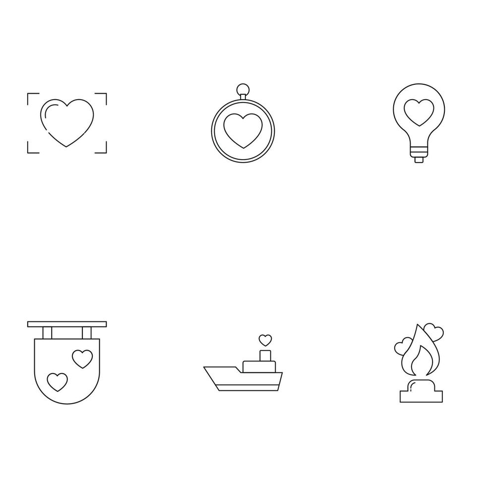 Romance, dating and love concept. Outline symbols of various things next to heart. Line icons of heart in frame, necklace, light bulb, signboard, flame and next to ship vector