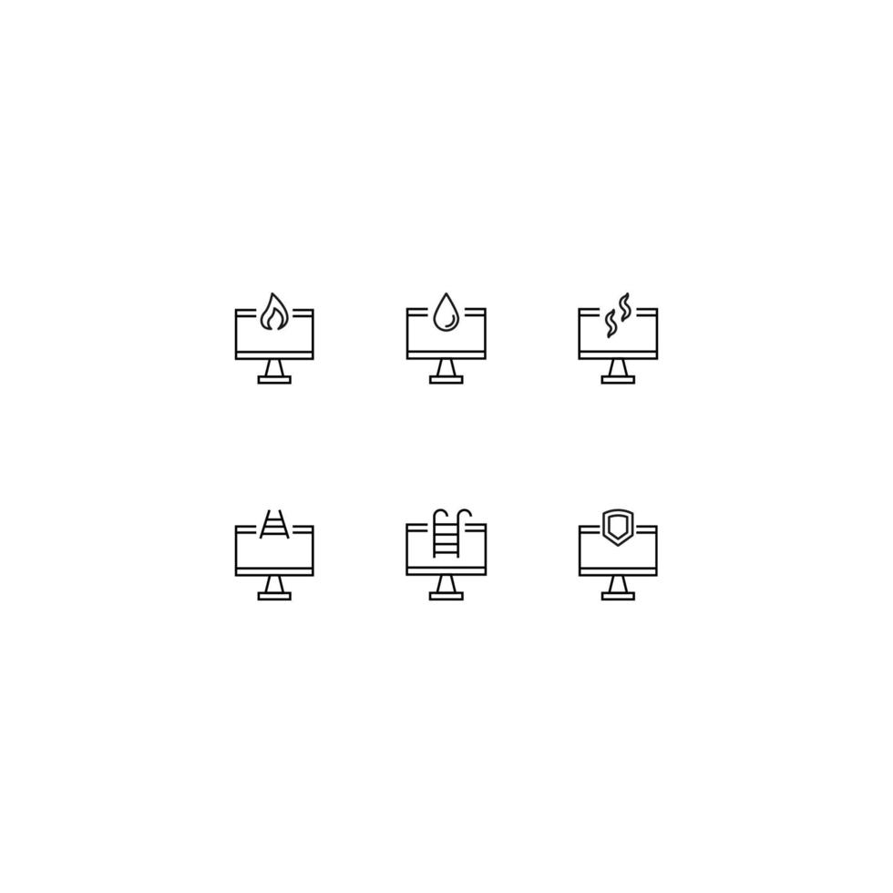 Line icon collection of vector signs and monochrome symbols drawn with black thin line. Suitable for shop, sites, apps.  Fire, drop, fume, railway, ladder, shield inside of computer