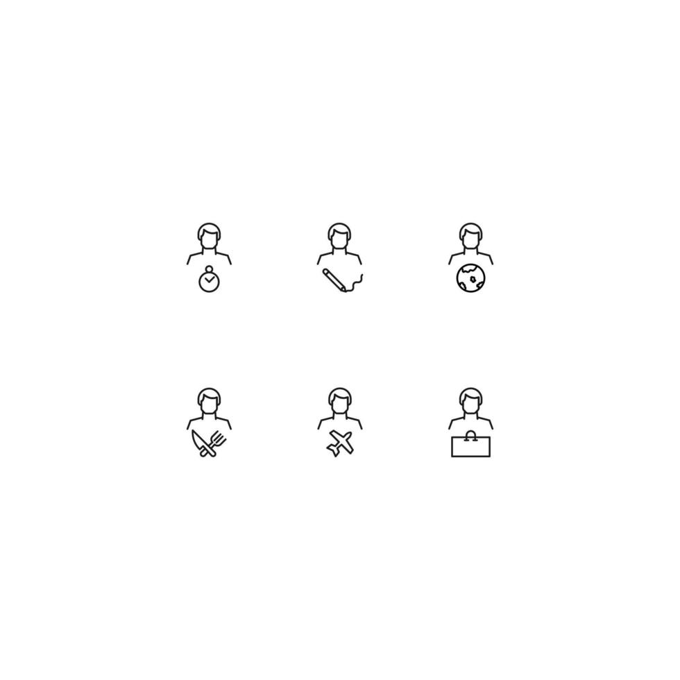 colección de iconos de línea de signos vectoriales y símbolos monocromáticos dibujados con línea delgada negra. adecuado para tiendas, sitios, aplicaciones. temporizador, lápiz, planeta, cubiertos, avión, bolsa de compras por hombre vector