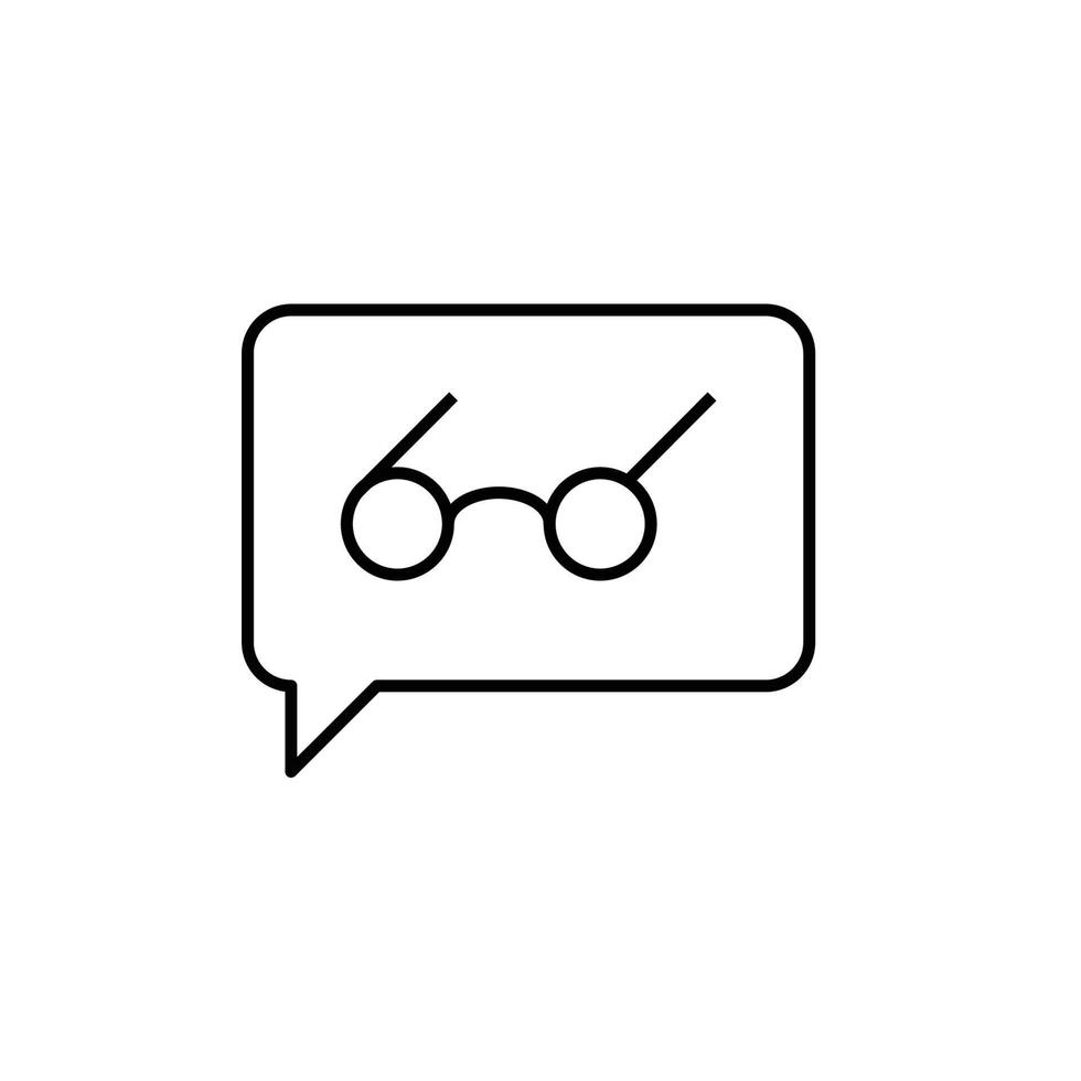 símbolo de contorno vectorial adecuado para páginas de Internet, sitios, tiendas, tiendas, redes sociales. trazo editable. icono de línea de gafas en la burbuja del habla vector