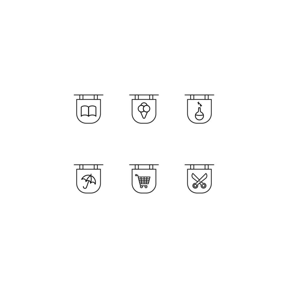 Line icon collection of vector signs and monochrome symbols drawn with black thin line. Suitable for shop, sites, apps. Book, ice cream, laboratory bulb, umbrella, shopping cart, scissors on signboard