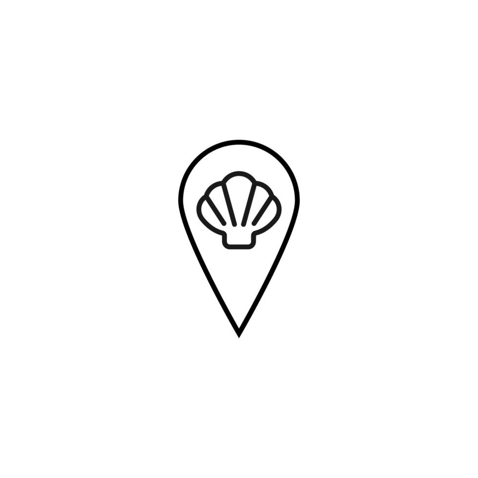 Vector symbol drawn with black thin line. Simple monochrome sign perfect for articles, books, stores, shops. Line icon of seashell inside of geolocation sign