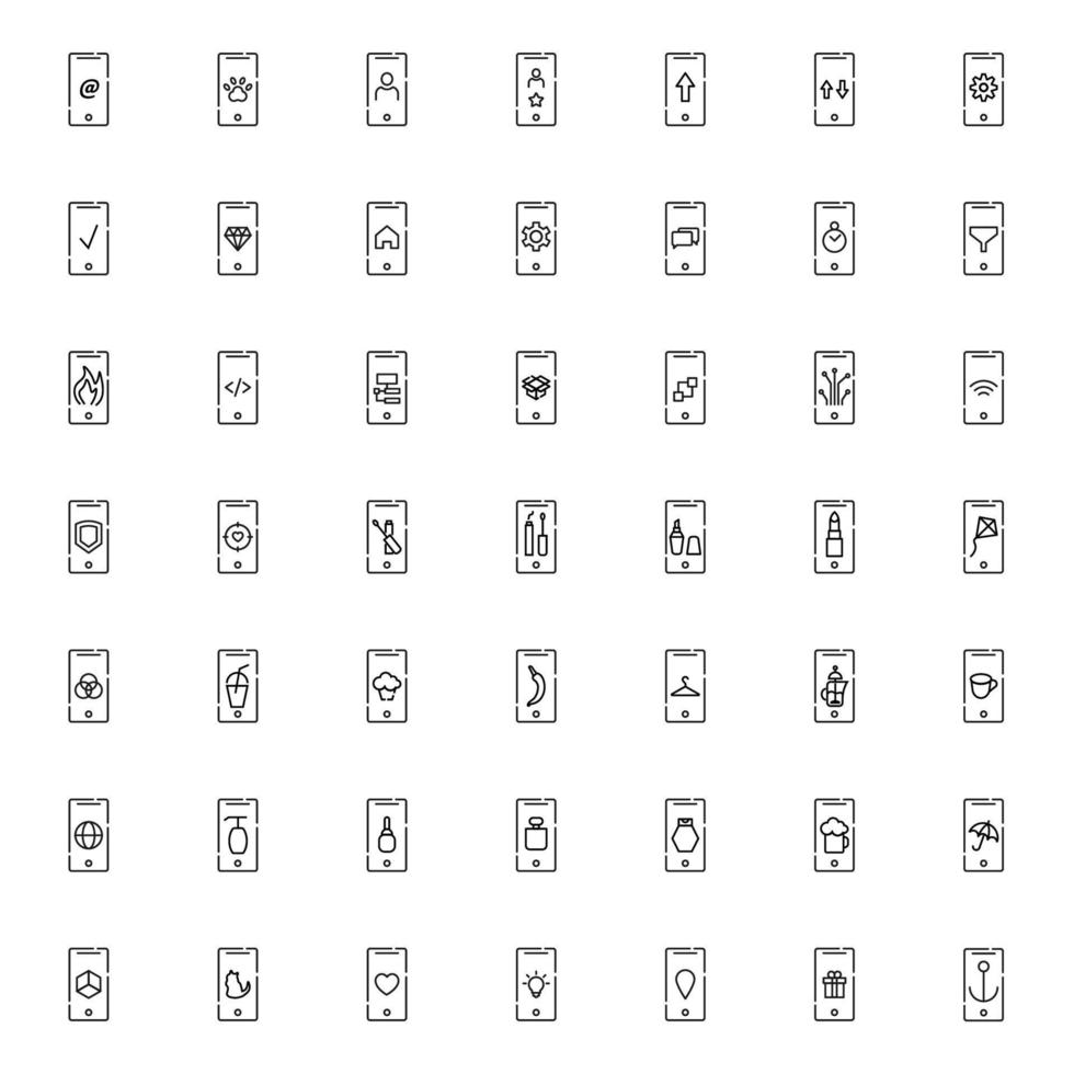 Display of phone. Vector line symbol drawn in modern flat style. Perfect for web site, stores, internet pages. Line icon set of various images on display of smartphone