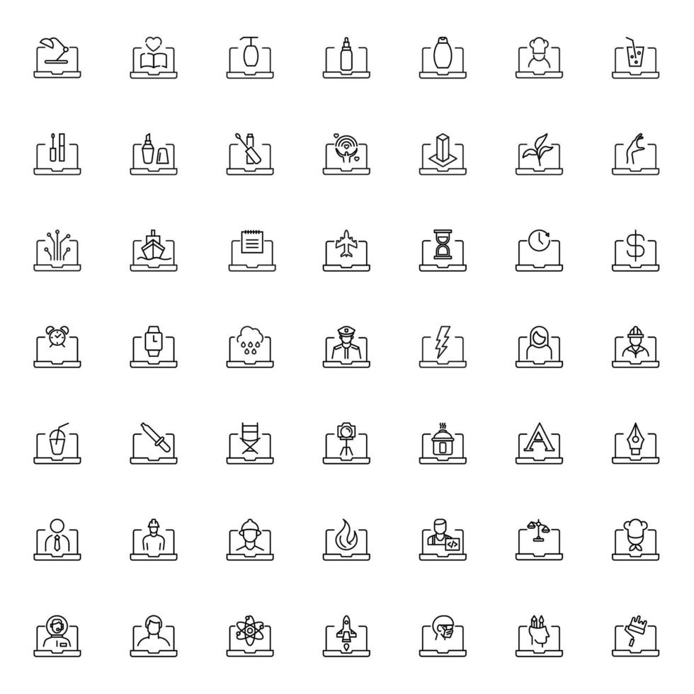 Simple black and white illustrations drawn with thin line. Editable stroke. Line icon set with vector signs of various items on monitor or modern laptop