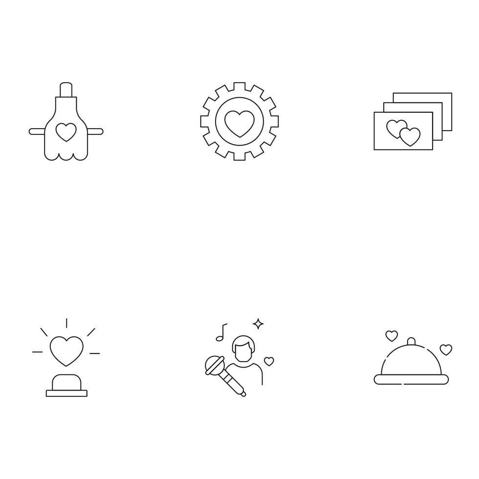 Romance, dating and love concept. Outline symbols of various things next to heart. Line icons of heart next to apron, cogwheel, gear, postcard, statue, bowl with cloche, singer with microphone vector