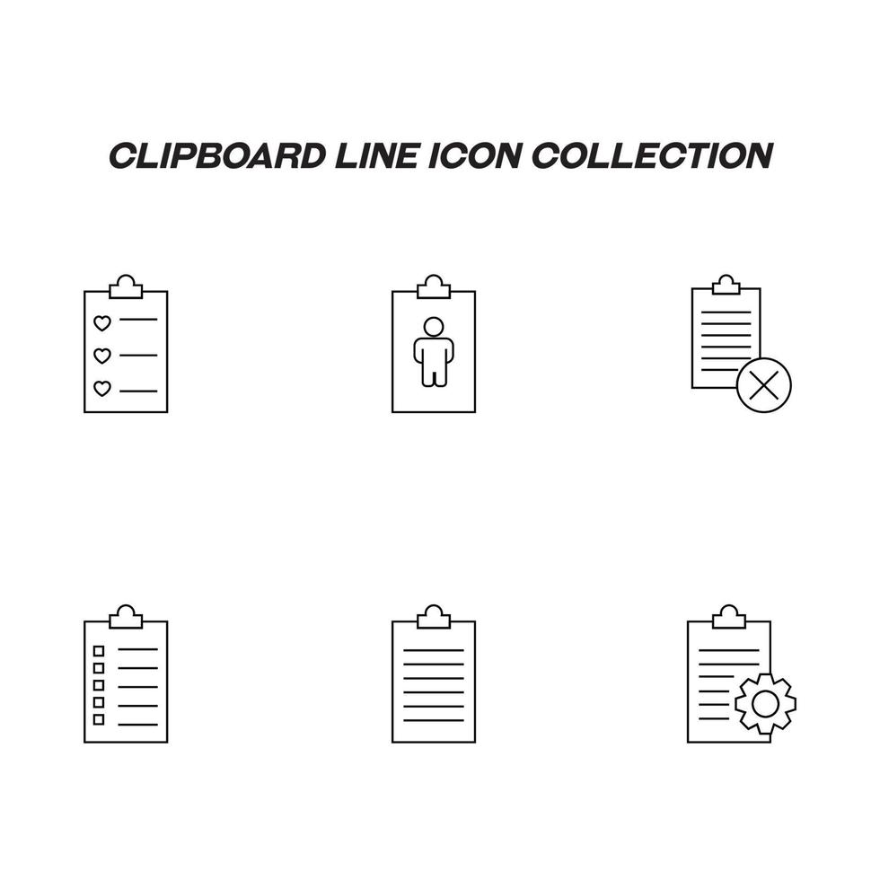 Writing board line icon set. Collection of editable strokes for web sites, applications, advertisements. Line icons of clipboards with hearts, avatar, gear, squares, cross, thin lines vector